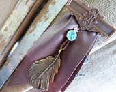 TRIBUTE RIBBON PIN  Feather  Sea Blue Gem Antique Copper Bar Pin Brown Taffeta