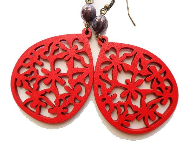 Red Wood Earrings with Purple Glass Beads
