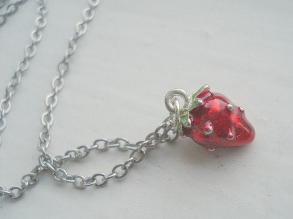 Strawberry Necklace Fruit Necklace Red Enameled Cute Fruit Jewelry