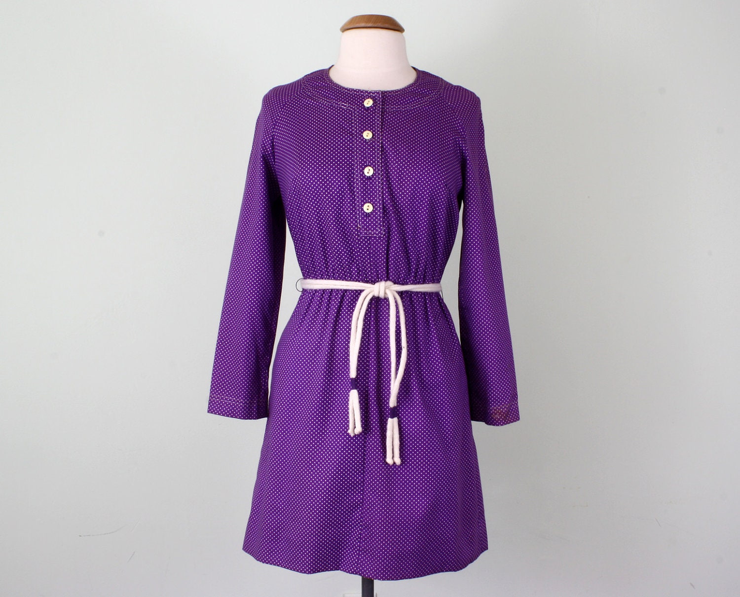 70s dress / violet polka dot long sleeve belted raglan cotton mini (s - m)