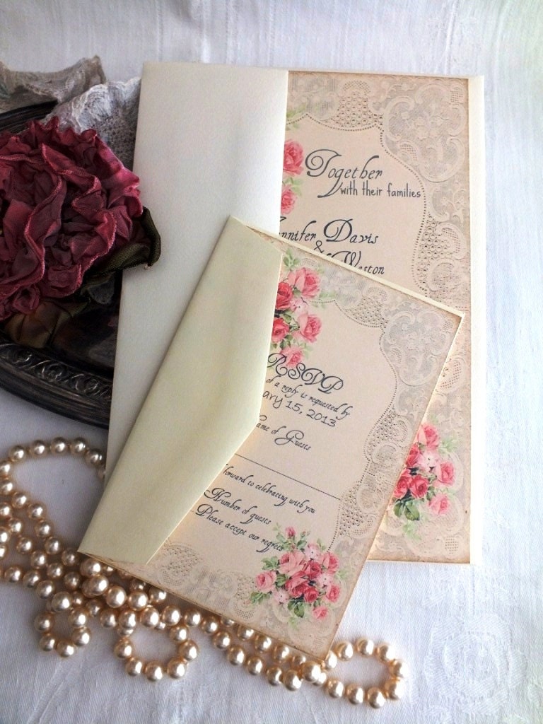 Vintage Romantic Roses and Lace Wedding Invitation Handmade SAMPLE by avintageobsession on etsy