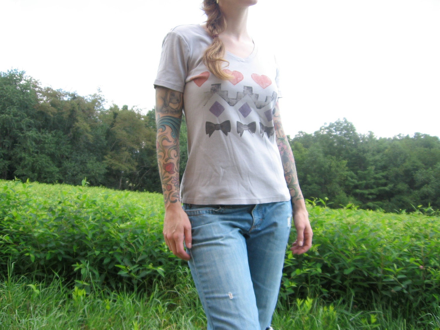 Woodblock Print Tshirt - Heart Geo Bow Hand Printed - Vneck
