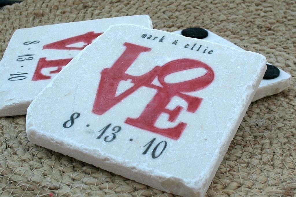 Personalized Coasters, Red Love Statue Tile Coasters, Set of 4