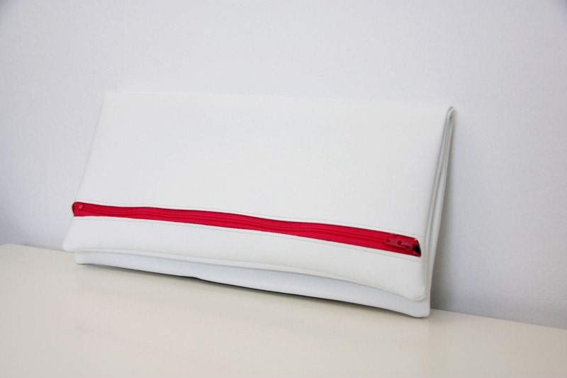 White leather  clutch, zipper pouch, fold over clutch, neon pink zip - 15% off