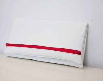 White leather  clutch, zipper pouch, fold over clutch, neon pink zip - 40% off