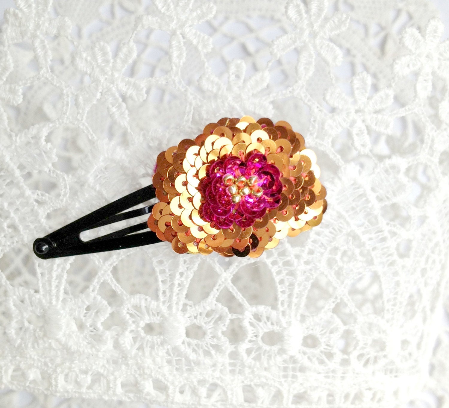 MADE TO ORDER : Pink & orange sequins hand-embroidered hair clip