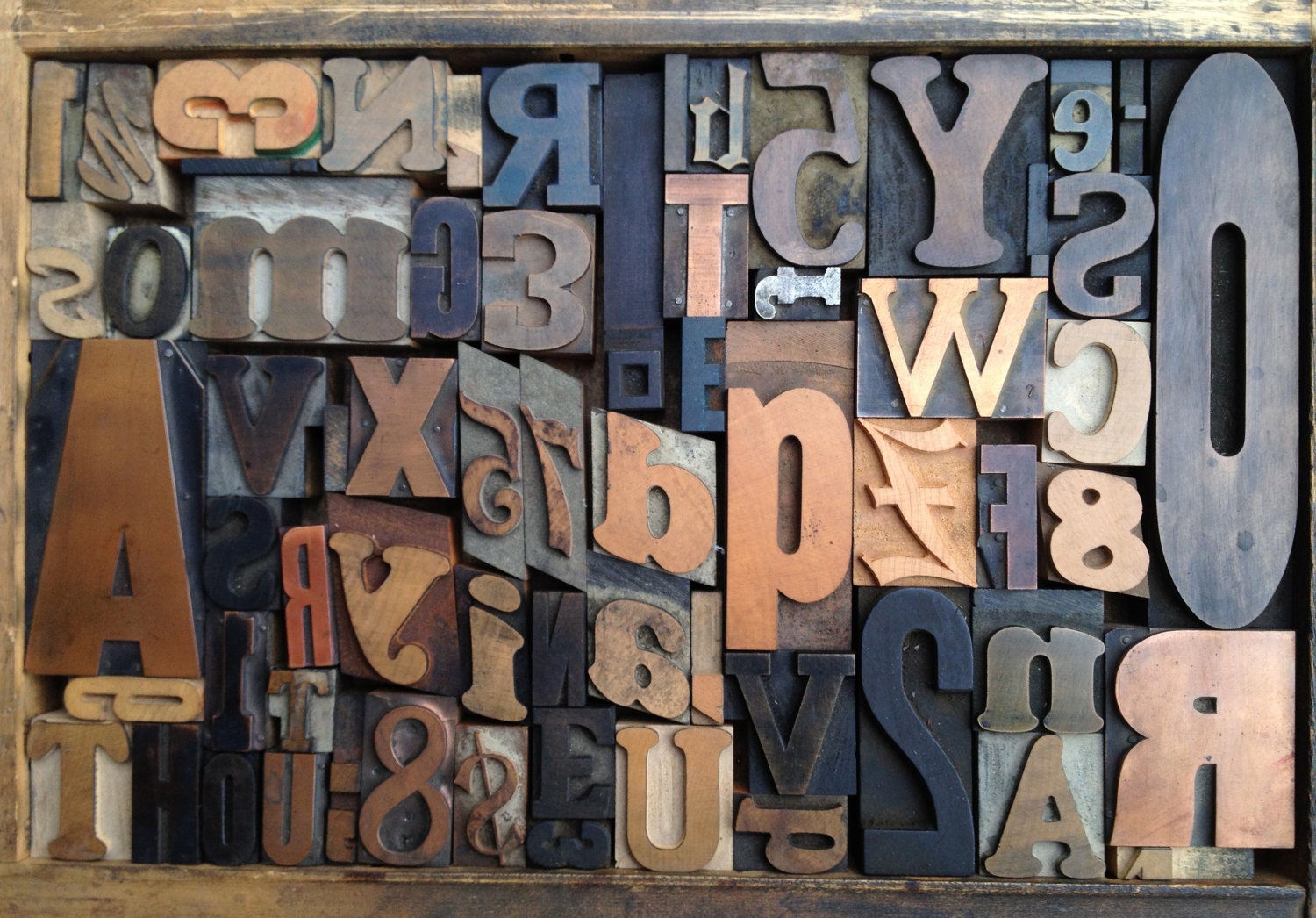 Antique Letterpress Printers WOOD & COPPER TYPE Mix 67 Pieces