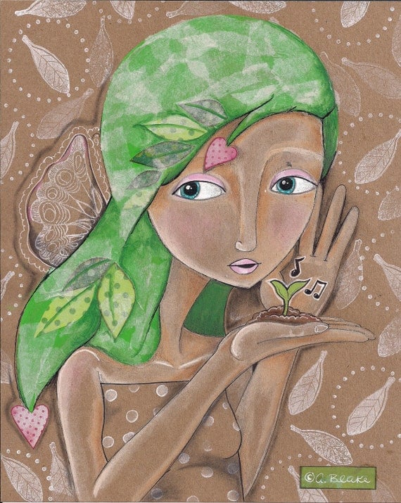 Mixed Media Painting of Girl with Green Hair by Painting Bliss