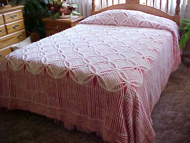 Red and white wedding ring chenille bedspread from 1950's- nice