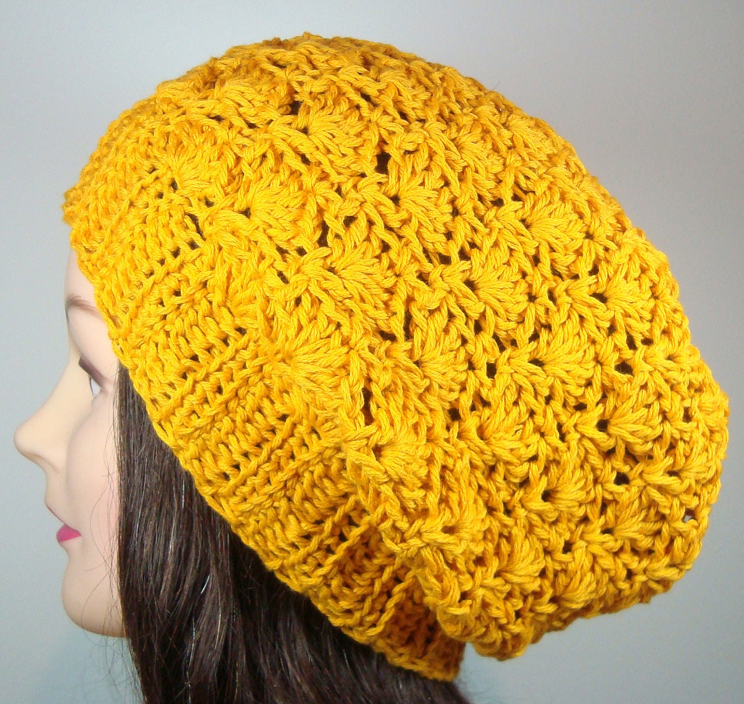 Lacy Slouch Beanie Hat Tam in Mustard Yellow with Ribbed Edge, Cotton Blend