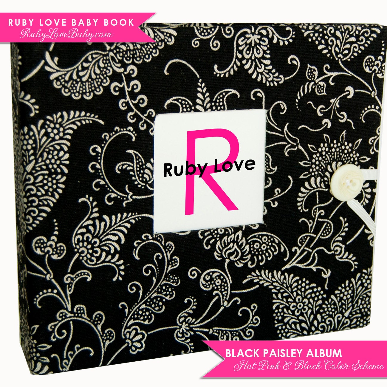 GIRL Modern Baby Memory Book . Black Paisley Album