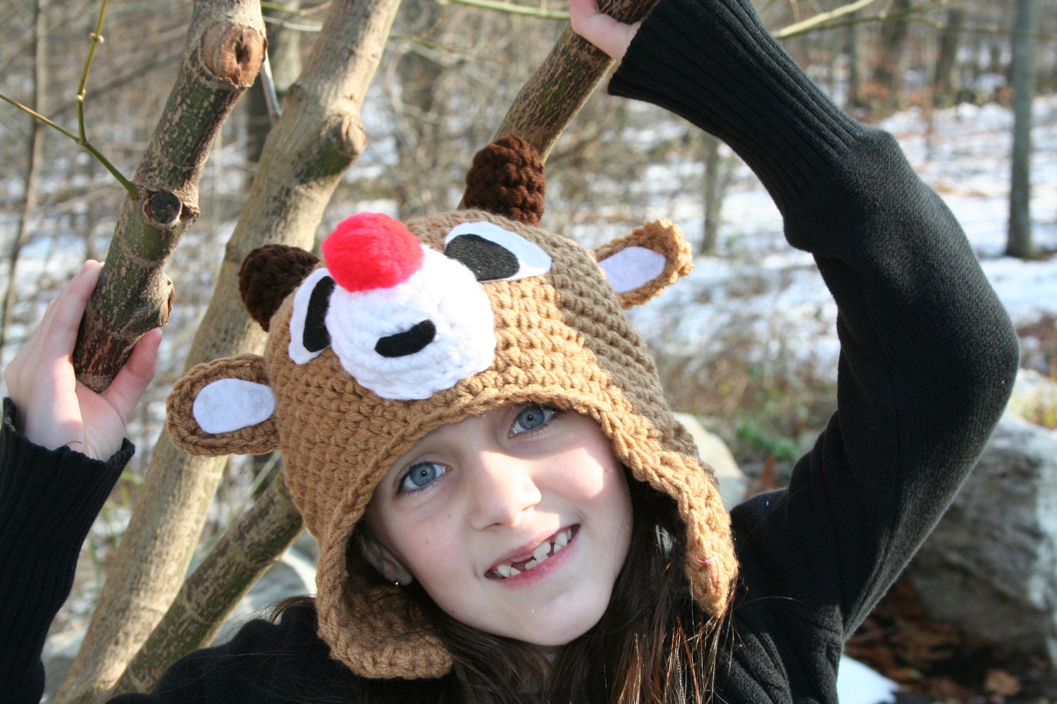 Red nosed reindeer hat  - a one of a kind handmade hat - warm fun and unique