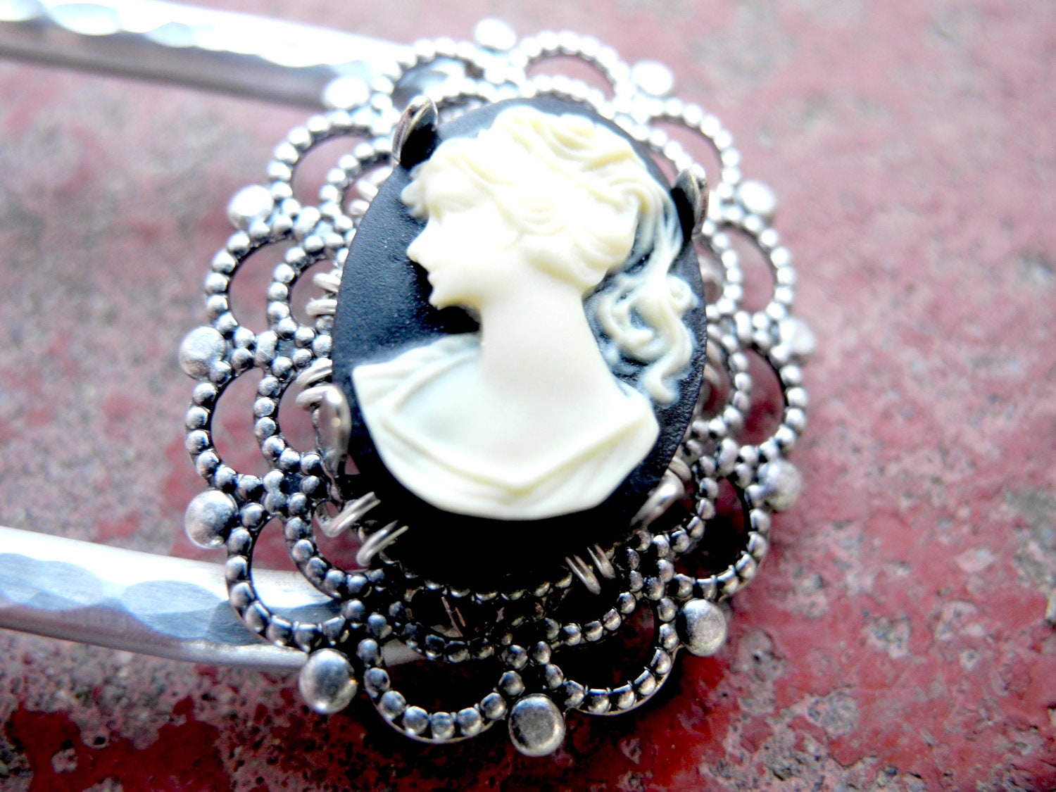 Made to Order Metal Hair Fork - Romantic Cameo in Black and Ivory, silver tone hair pin, hair stick