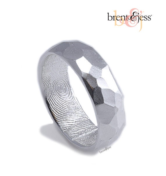 7mm Sterling Silver Hammered Surface Custom Band with Fingerprint Wrapped Inside NO BLACKENING