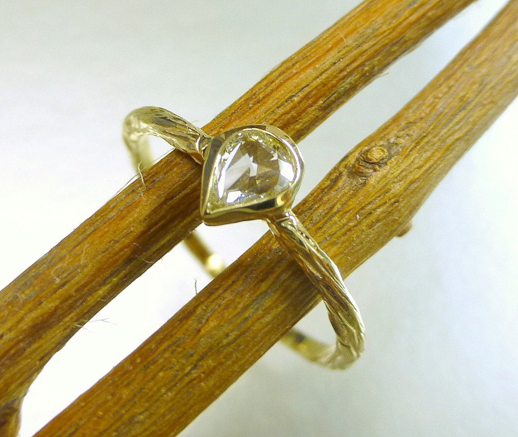 Pear shape Rose cut diamond vine textured ring.  14k yellow gold