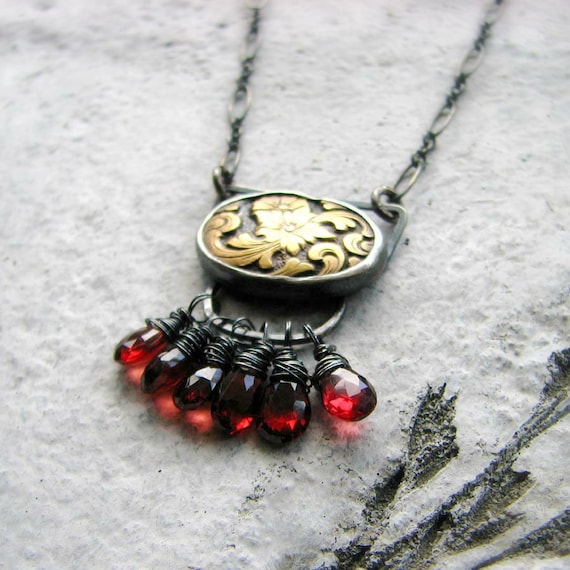 sterling silver necklace gemstone metalwork wire wrapped garnet and vintage brass mixed metal bohemian romantic - Femme Fatale