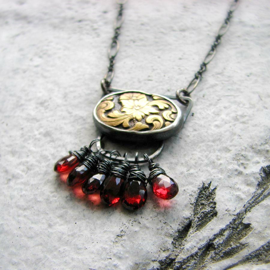 sterling silver necklace gemstone metalwork wire wrapped garnet and vintage brass mixed metal bohemian romantic - Femme Fatale