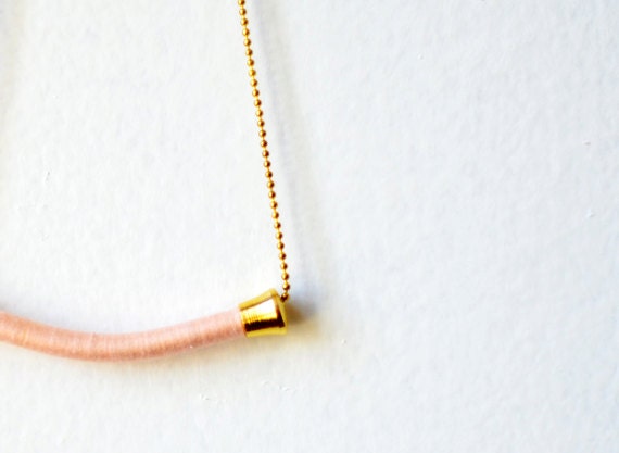 Delicate. Pretty. Blush Pink.  Gold Thread Wrapped Tube Necklace - no. 601B