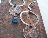 London Blue Topaz Earrings, fabricated Copper and Sterling silver, Drop Earrings, Mixed Metal Earrings.