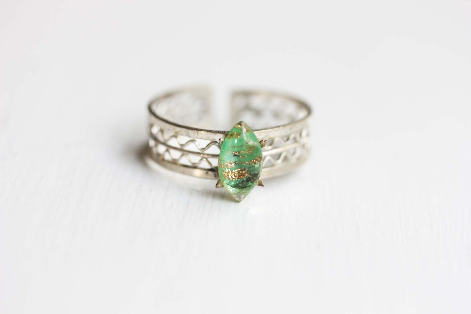 Silver and Green Shimmer Woven Ring