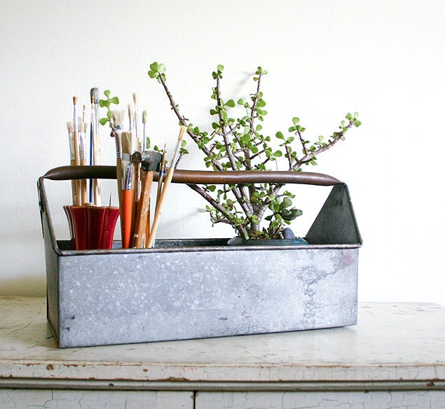 Vintage Metal Tool Caddy - Galvanized Steel with Copper Handle