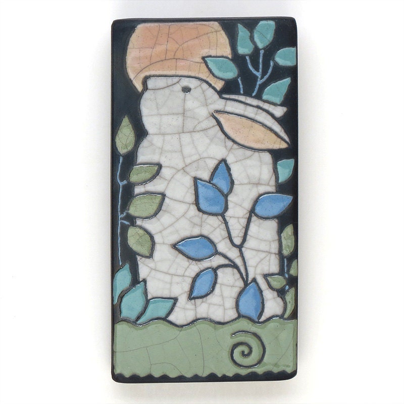 Rabbit Bunny,Ceramic tile,handmade 3x6 raku fired art tile, wall art, home decor