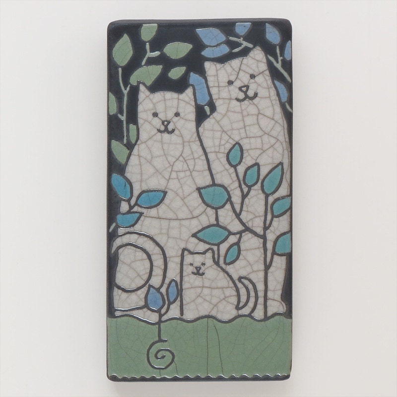 Cat family,4x8 raku fired art tile,handmade ceramic tile, home decor