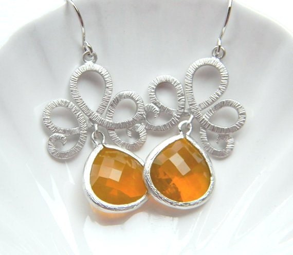 Silver Lotus Swirl and Brandy Orange Earrings - Bridesmaid Earrings Jewelry Gift - Boho Hippie Chic Earrings