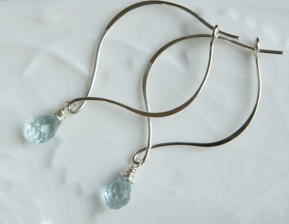 Aquamarine Lotus Petal Hoop Earrings Sterling Silver Briolette Teadrop Simple Earrings March Birthstone
