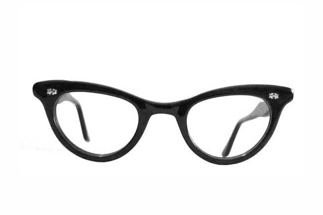 Black Horn Rimmed Cat Eyes, Double Star Arching Bow Temples, Eye or Sunglasses, NOS