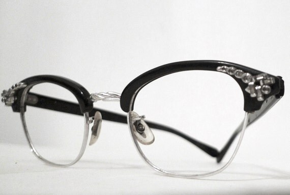 Vintage Rhinestone Cat Eye Frames, Menswear Inspired Black Horn Rims / Screen Star/ Mad Men Eyeglasses or Sunglasses
