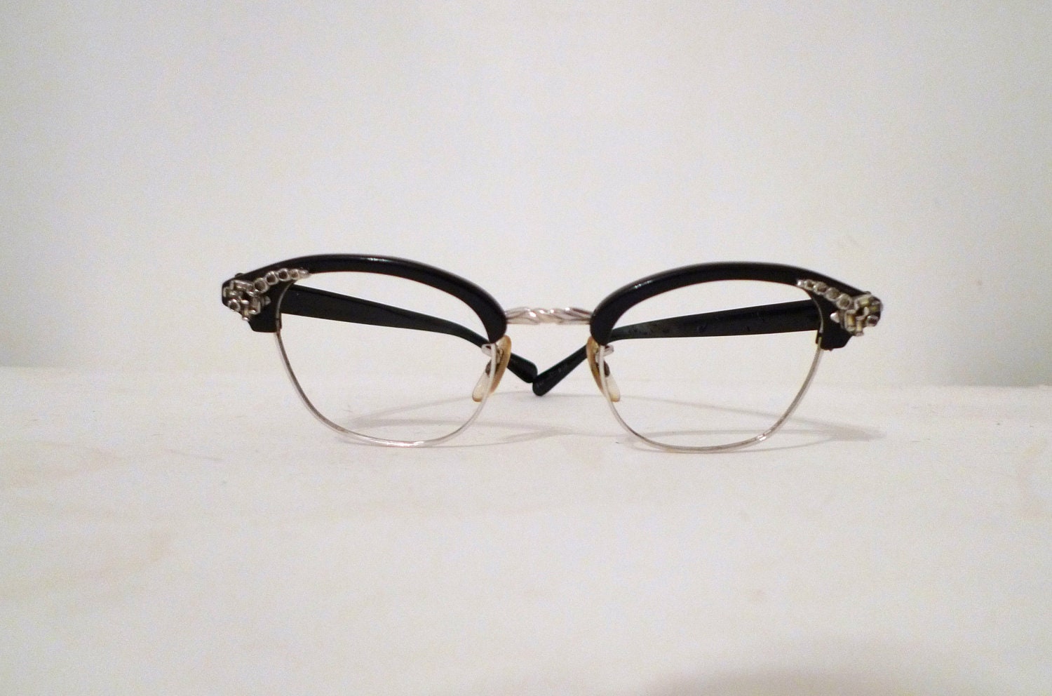 Vintage Rhinestone Cat Eye Frames, Menswear Inspired Black Horn Rims / Screen Star/ Mad Men Eyeglasses or Sunglasses