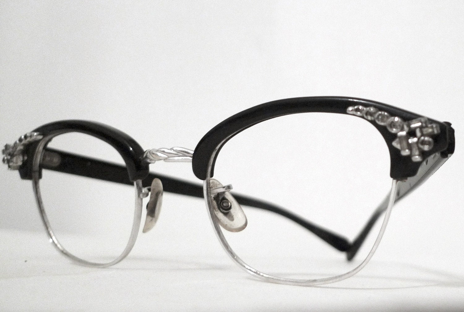 Vintage Rhinestone Cat Eye Frames, Menswear Inspired Black Horn Rims / Screen Star/ Mad Men Eyeglasses or Sunglasses