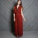 80s GAUZE JUMPSUIT / Burgundy Plunging Palazzo with Crochet Trim, osfm