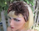 twisted headband, headwrap, turban - CUT VELVET with ORGANZA flower brooch