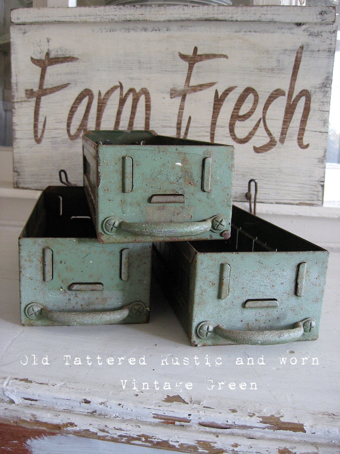 Vintage Metal Drawers - Great Displays - Old Tattered Green Paint - So Rustic - So Chic -
