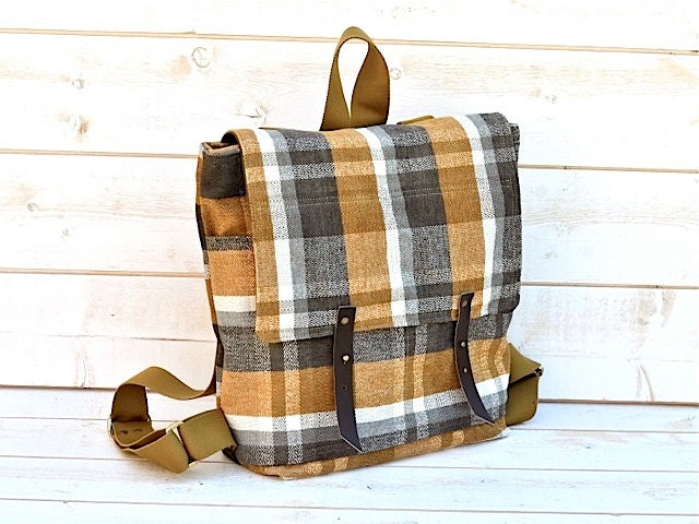 WATERPROOF Backpack in MUSTARD 12 pockets Honey Gold titanium Whitecap Gray  French roast plaid preppy upholstery