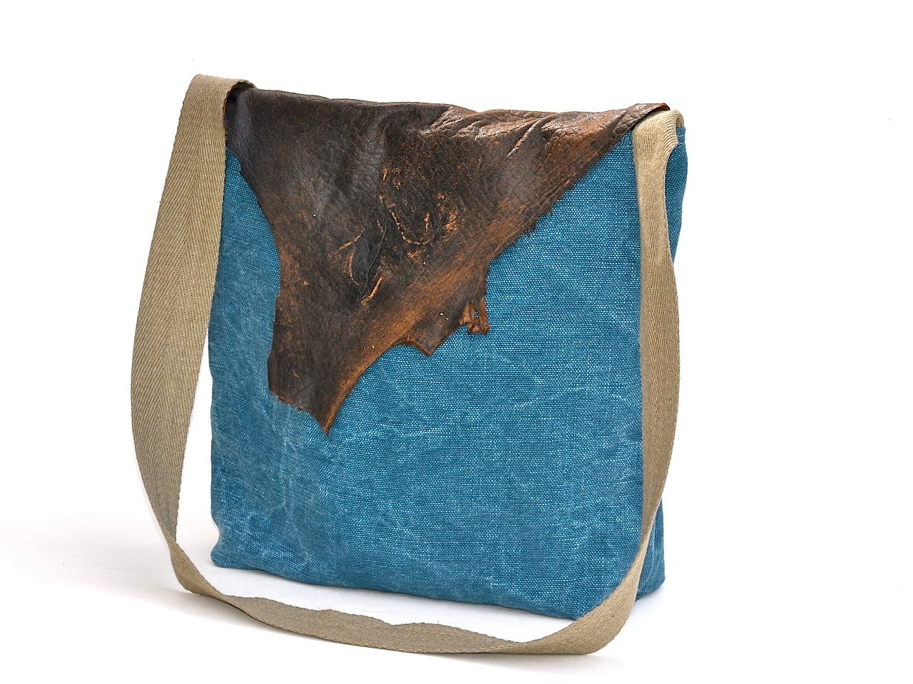 LAST ONE Arva linen messenger bag with recycled brown leather flap / eco friendly /one of a kind cross body bag