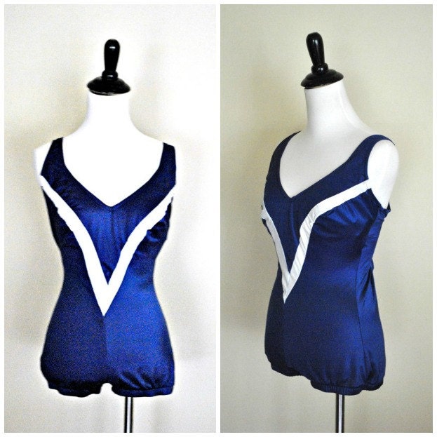 Vintage Chevron Bombshell Bathing Suit / Blue and White Boy Short Tank Suit with Low Back/ Size Medium to Large