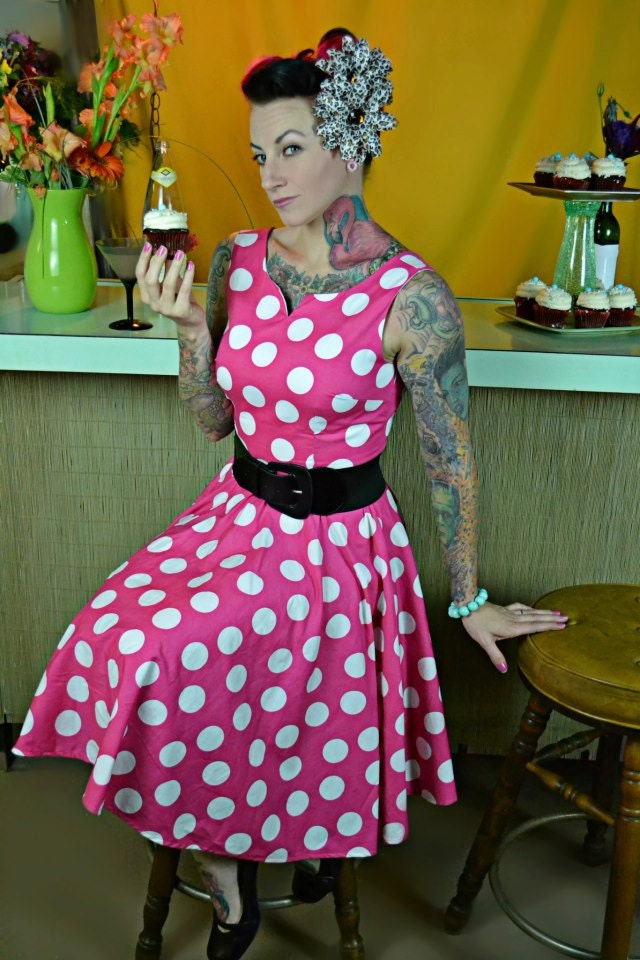 Kitten Dress Pink and White in Over Sized Dots Hot