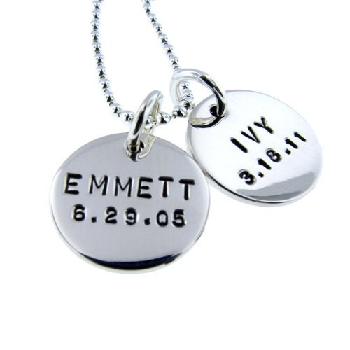 Two Disc Charm Necklace - Sterling Silver Hand Stamped Name and Birthdate Jewelry