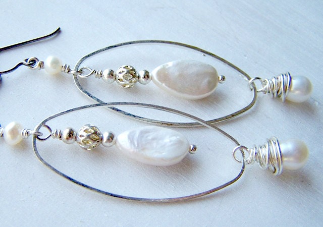 titanium and silver white freshwater bridal pearl earrings - Harmony - handmade by variya on etsy