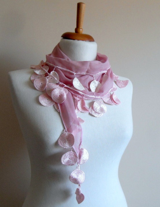 Valentines Day Gift-Baby Pink Scarf - Cotton Scarf - Cowl with Lace Edge - Circle Scarf-Bridesmaid Gift