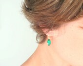 Green emerald earrings. Vintage emerald cut glass on new 14K gold fill ear wires.