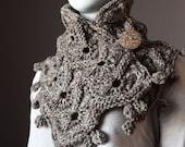 Chunky knit scarf   neckwarmer / scarf / wrap /  cowl  Taupe / Brown coconut button  Made to Order