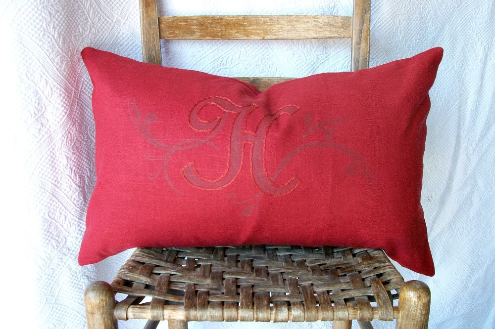 Decorative Accent Pillow Cover MONOGRAM Cranberry Red Linen Hand Printed Embroidered