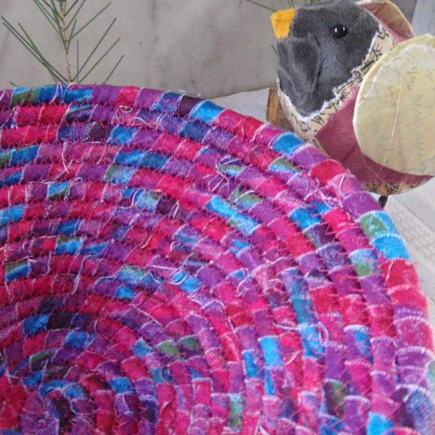 Coiled Fabric Basket - Destiny - Dark Raspberry, Teal Blue, Red, Colorful, Functional, Handmade Fabric Bowl