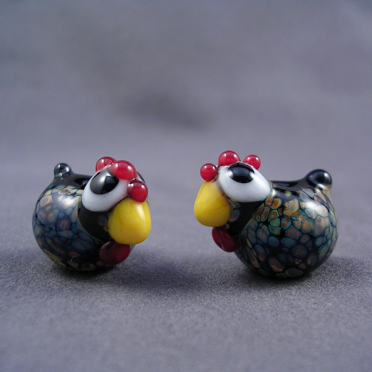 Glass Chicken Lampwork Bead Hen Set SRA Organic Raku Chicks Animal Sculptural