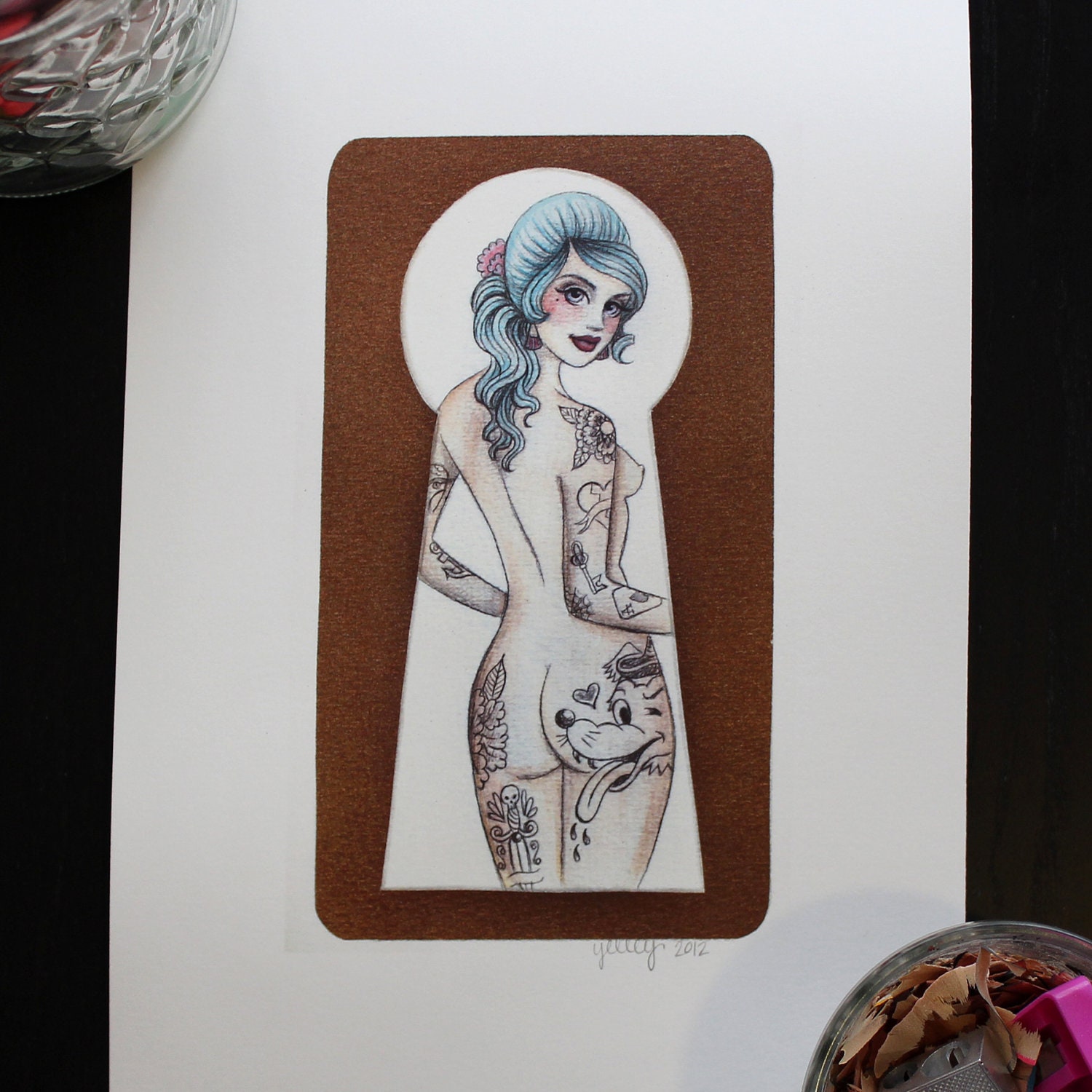 Peepshow Tattooed Keyhole Pinup - by YELLEY - 7"x10" Digital Print