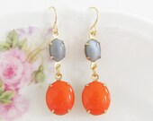 Orange and Gray Earrings Vintage Oval Jewel and Moonstone Dangle Glamour Earrings - Wedding, Bridal, Bridesmaid, Color Block